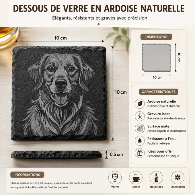 Dessous de verre en ardoise personnalisé – photo, logo ou texte – 10 × 10 cm