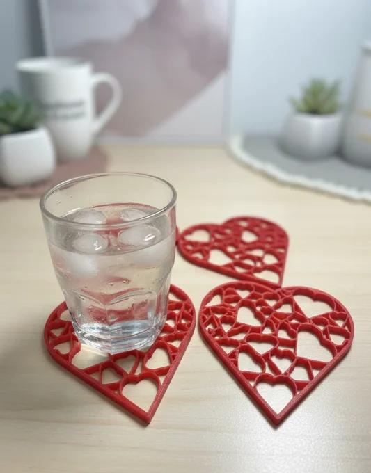 Lot de 4 dessous de verre cœur ajouré en PLA+ – impression 3D
