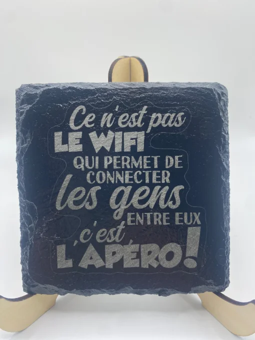 Lot de 4 dessous de verre en ardoise gravée « WiFi & apéro »