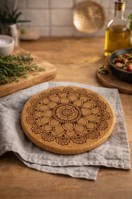Dessous de plat en liège gravé au laser – Mandala floral (Ø 19 cm)
