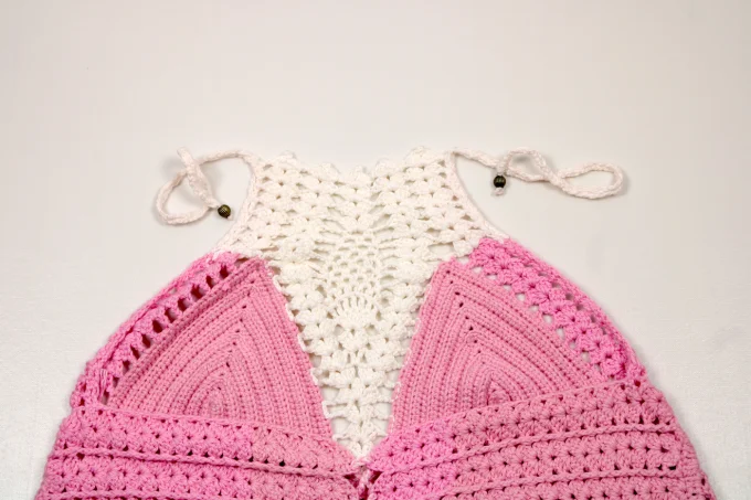 Top crochet femme rose et blanc coton fait main M 40/42