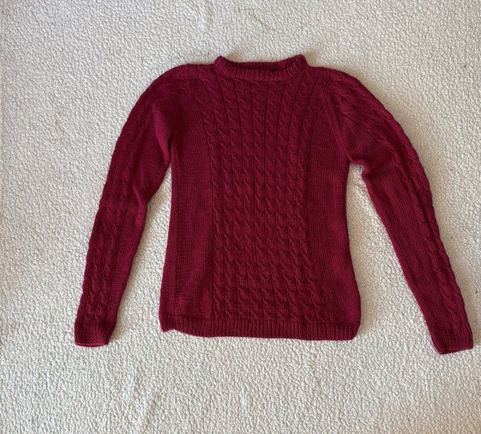 Pull femme rouge framboise fait main en mérinos et cachemire Inacio Creations taille M 38-40
