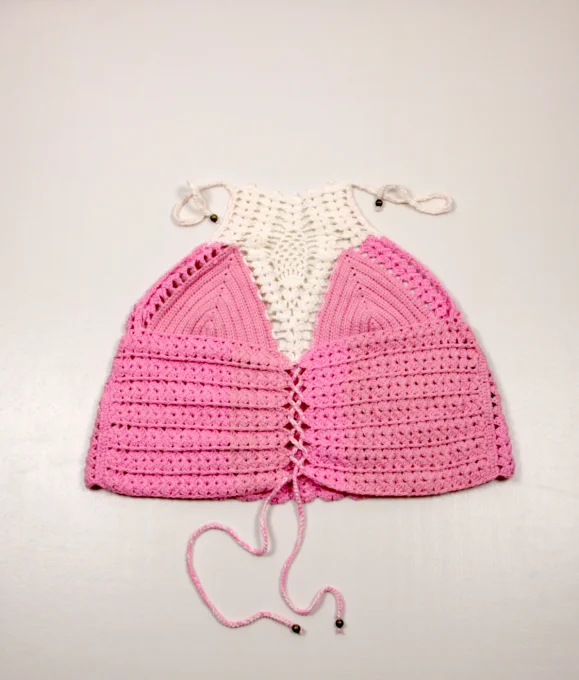 Top crochet femme rose et blanc coton fait main M 40/42