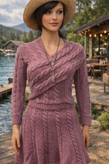 Ensemble jupe + pull torsadée rose poudré, maille raffinée