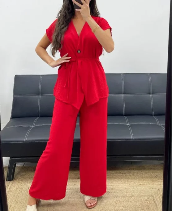 Ensemble femme rouge 2 pièces avec pantalon large – taille unique
