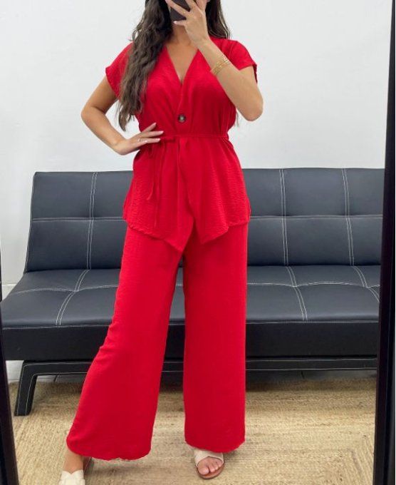 Ensemble 2 pièces ceinturé, haut croisé & pantalon rouge