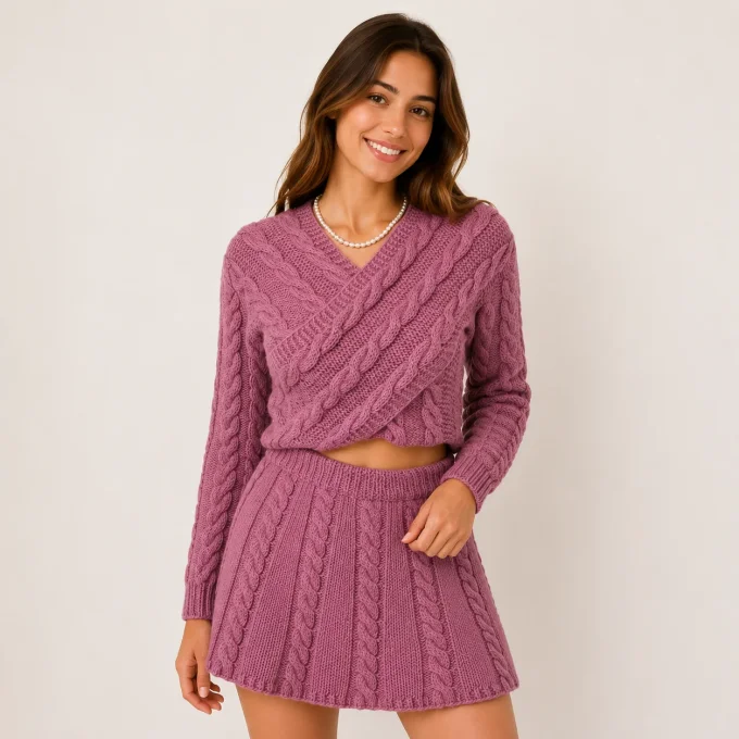 Ensemble deux pièces en tricot mauve comprenant un pull court cache-cœur à torsades et une jupe cour