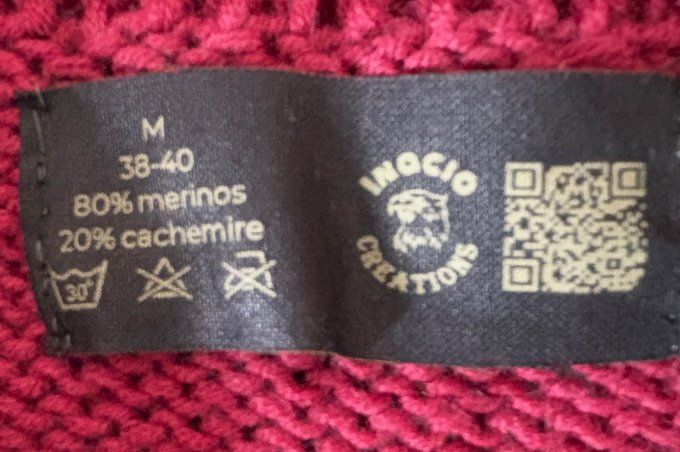 Pull femme rouge framboise fait main mérinos cachemire Inacio Creations M 38/40