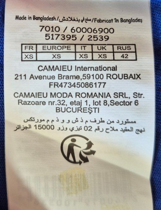 T-shirt femme bleu électrique Camaïeu Essential XS