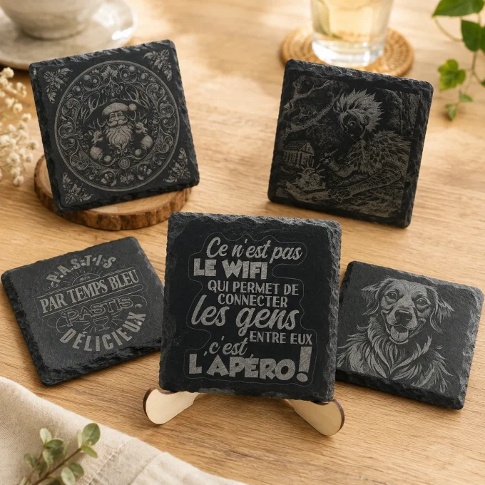 Ensemble de dessous de verre en ardoise naturelle graves au laser avec divers motifs comme un portra