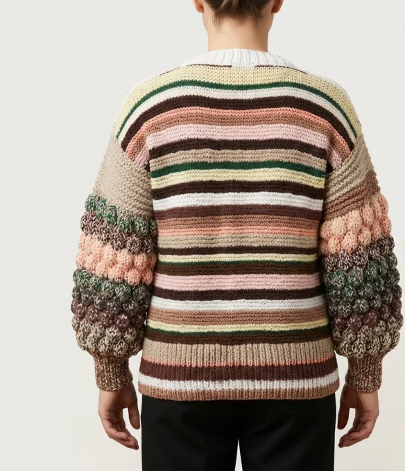 Cardigan femme multicolore rayé fait main – manches texturées