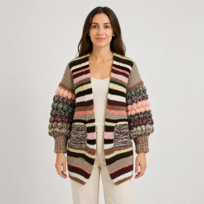 Cardigan femme multicolore rayé fait main – manches texturées