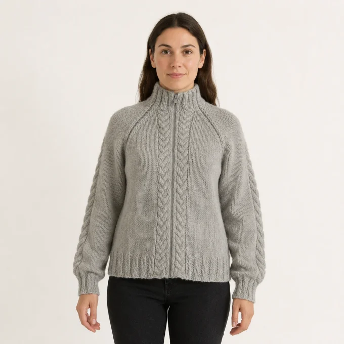 Gilet femme gris fait main zippé – col montant et torsades