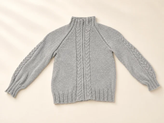 Gilet femme gris fait main zippé – col montant et torsades