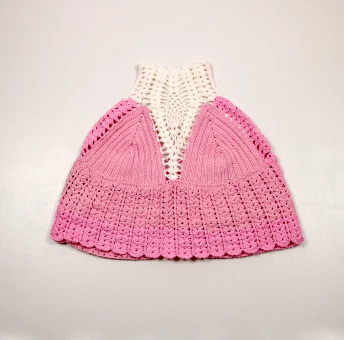 Top crochet femme rose et blanc coton fait main M 40/42