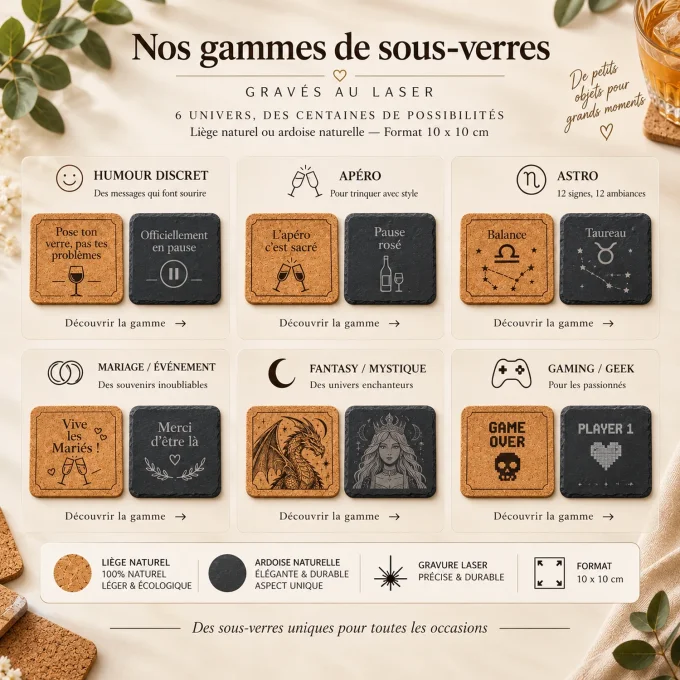 Collections de sous-verres gravés au laser en liège et ardoise