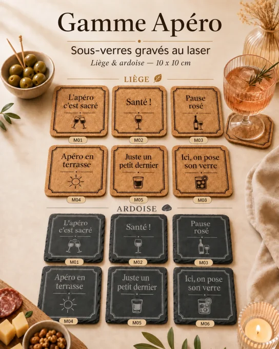 Sous-verres gravés au laser – liège ou ardoise, motifs au choix