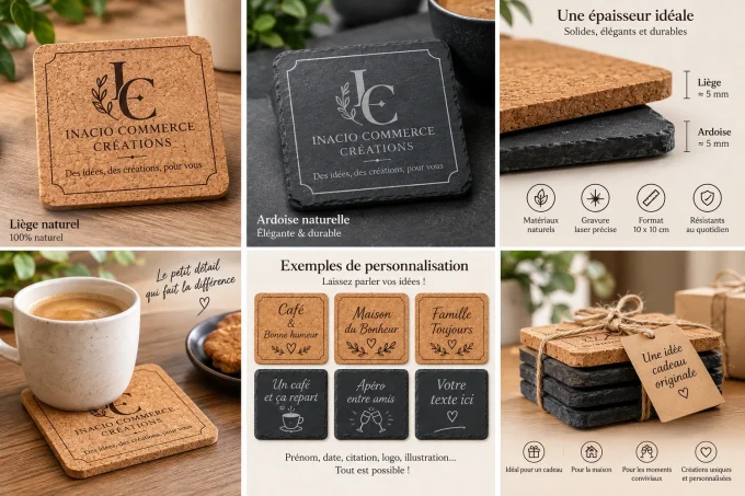 Dessous de verre personnalisés gravés – liège ou ardoise