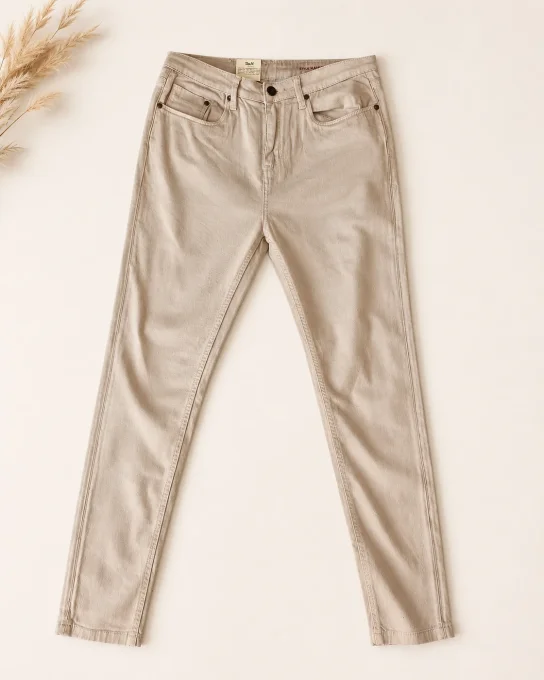 Vue d ensemble a plat de la face avant du jean homme DeN Navon SND beige sable