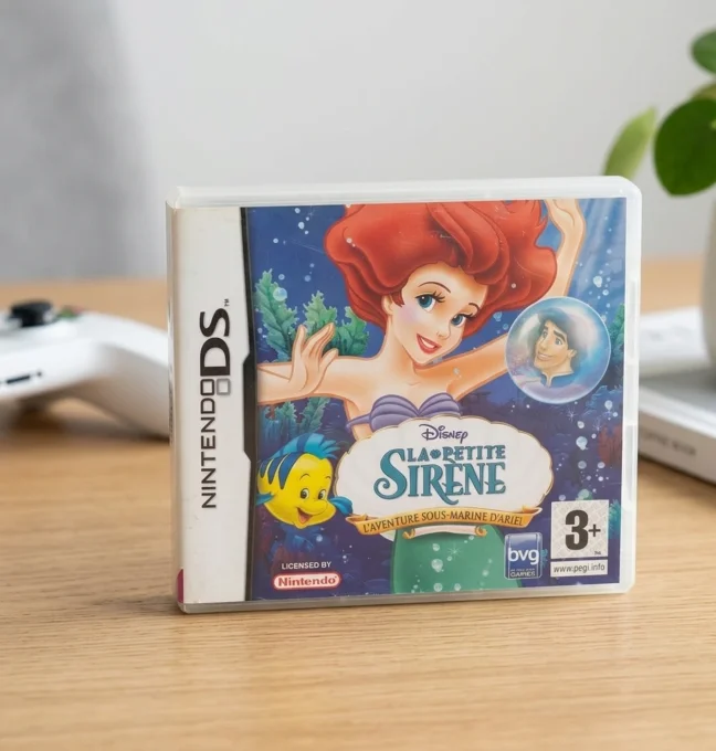 Boîte du jeu Nintendo DS Disney La Petite Sirène : L'Aventure Sous-Marine d'Ariel sur fond bois.