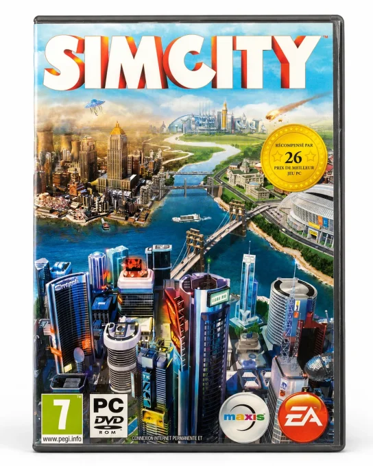 Boîte du jeu PC SimCity avec la jaquette officielle Maxis et Electronic Arts sur fond blanc.