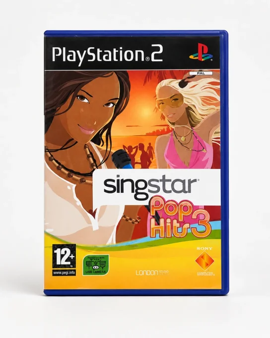 Boîte du jeu vidéo SingStar Pop Hits 3 sur PlayStation 2 avec jaquette officielle sur fond blanc