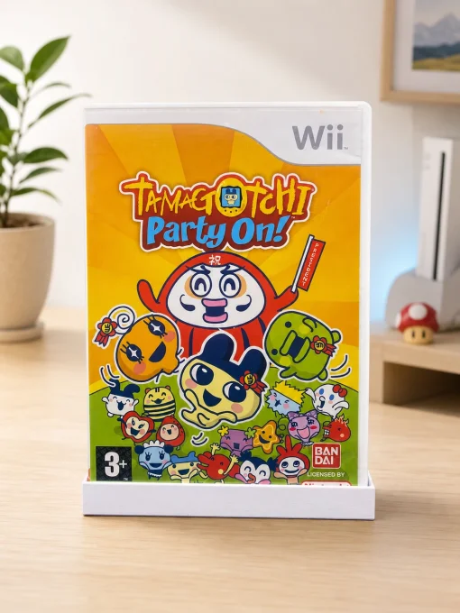Boîte du jeu Nintendo Wii Tamagotchi Party On! sur un meuble dans une ambiance moderne.