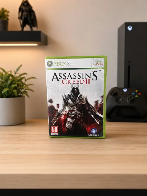 Boîte du jeu Xbox 360 Assassin's Creed II posée sur un bureau en bois.