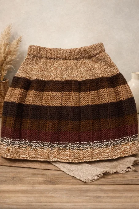 Jupe femme en maille rayée faite main – tons chauds – 36/38