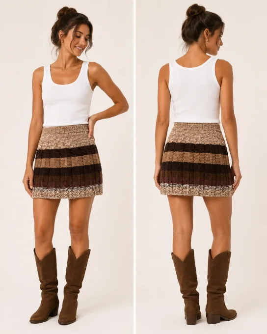 Jupe femme en maille rayée faite main – tons chauds – 36/38