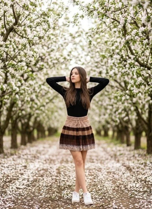 Femme portant une jupe courte en tricot rayee marron et un haut noir dans un verger en fleurs