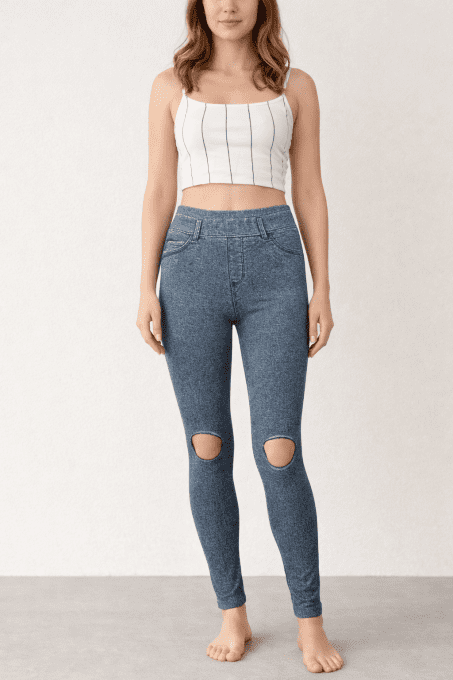 Legging effet jean à découpes genoux, signature urbaine, taille unique