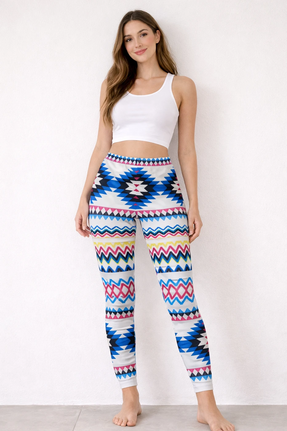 Legging femme taille haute à motif géométrique multicolore – taille unique