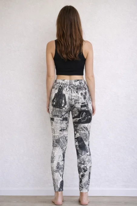 Legging femme noir et blanc imprimé collage – taille unique