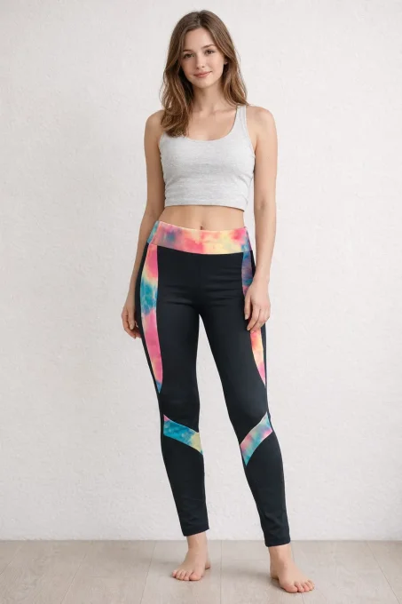 Legging noir à empiècements tie-dye, taille haute, 6 coloris