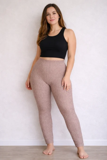 Legging femme gaufré à ceinture large – texture géométrique