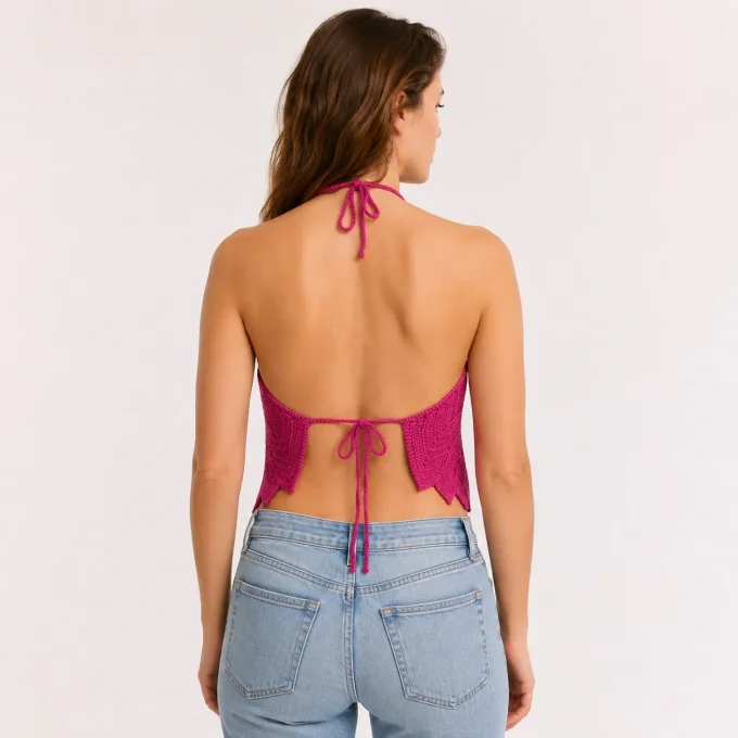 Top triangle tricoté fuchsia, maille ajourée ajustable