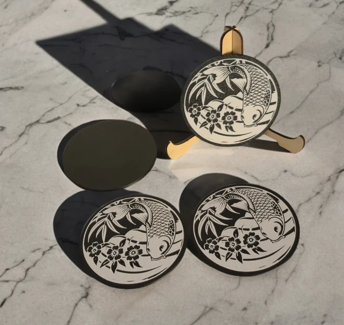 Lot de 4 sous-verres Poisson Koi en PLA – impression 3D, 10 × 10 cm