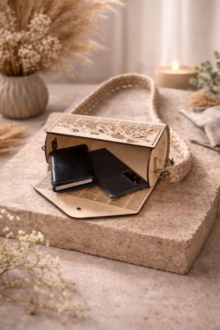 Sac à main en bois clair gravé – Bandoulière corde beige 