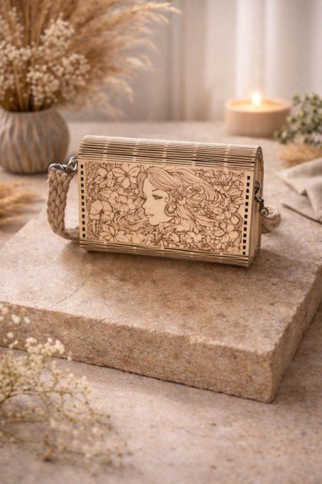 Sac à main en bois clair gravé – Bandoulière corde beige 