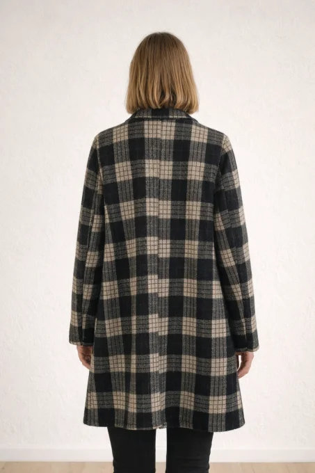 Manteau femme en tweed à carreaux noir et beige – taille unique