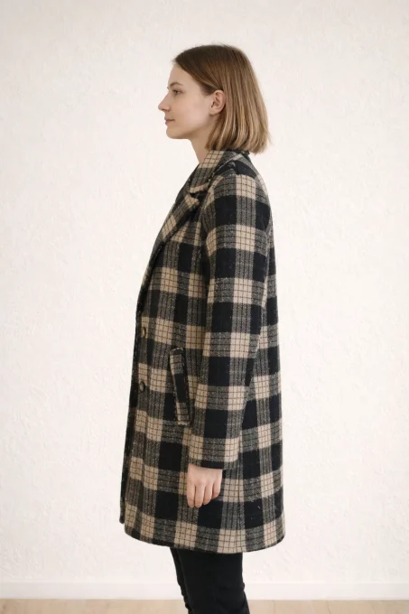 Manteau femme en tweed à carreaux noir et beige – taille unique