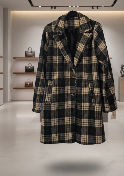Manteau femme en tweed à carreaux noir et beige – taille unique
