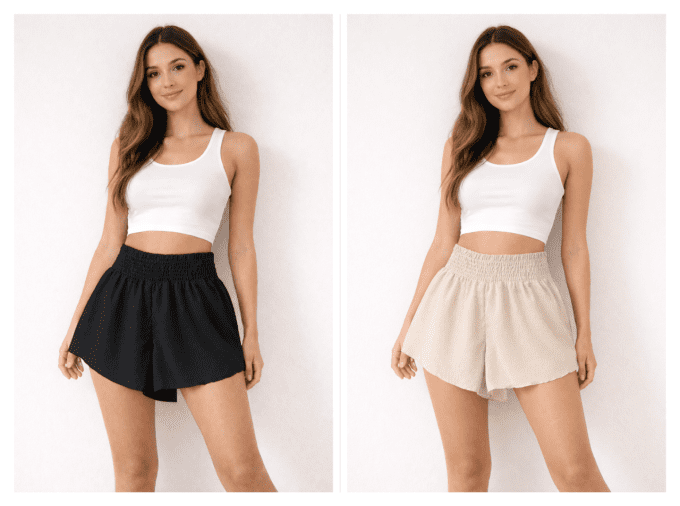 Short fluide taille haute smockée, polyester, Italie, 2 coloris