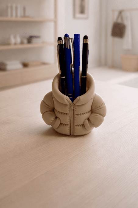 Pot à crayons doudoune beige imprimé 3D vue de face