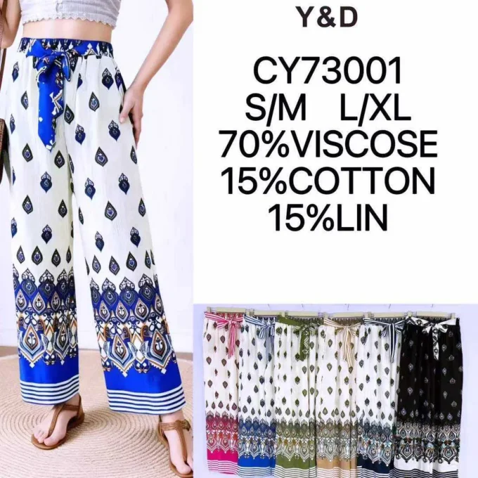 Pantalon fluide taille haute pour femme a imprime ethnique blanc et bleu avec ceinture a nouer