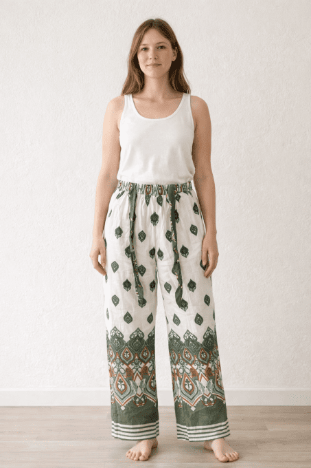 Pantalon fluide imprimé, taille haute à nouer, coloris au choix