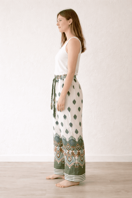 Pantalon fluide imprimé, taille haute à nouer, coloris au choix