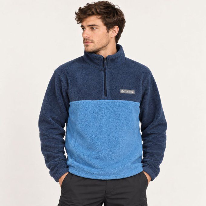 Mannequin homme portant le pull polaire bicolore Columbia bleu marine et bleu ciel, vue de face en s