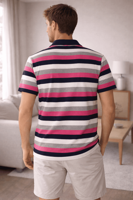Polo homme rayé marine/rose/gris – 100% coton